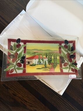 Peggy Karr Glass Serving Tray with Olive Grove Motif